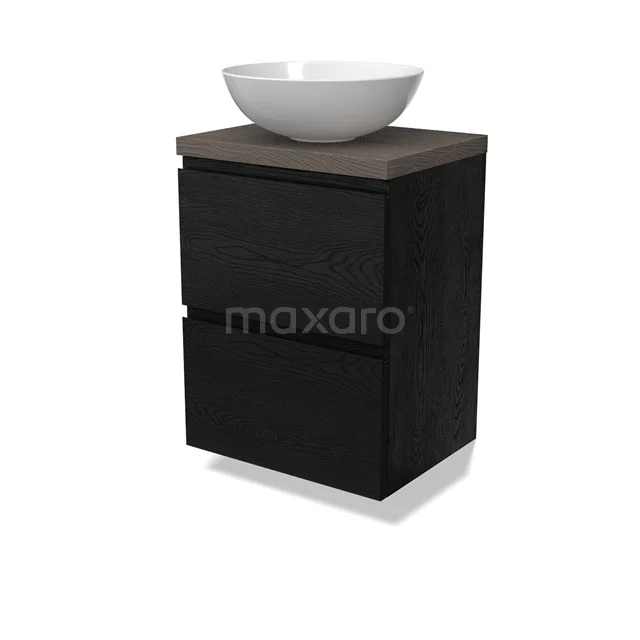 Modulo Plato Slim Vanity units for countertop basin | 50 cm Black oak Handle-less front Dark brown oak worktop 2 Stacked drawers BMK37-02686