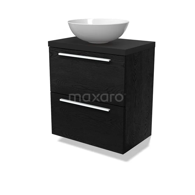 Modulo Plato Slim Vanity units for countertop basin | 60 cm Black oak Flat front Matte black worktop 2 Stacked drawers BMK37-02689
