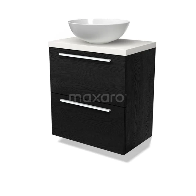 Modulo Plato Slim Badmöbel mit Aufsatzwaschbecken | 60 cm Schwarze Eiche Flach front Matt Weiß blatt 2 übereinanderliegende Schubladen BMK37-02692