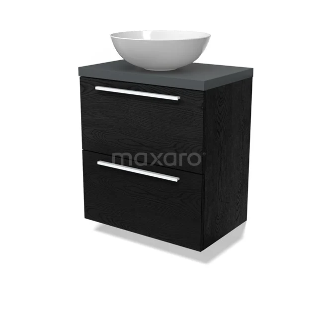 Modulo Plato Slim Badmöbel mit Aufsatzwaschbecken | 60 cm Schwarze Eiche Flach front Dunkelgrau blatt 2 übereinanderliegende Schubladen BMK37-02693