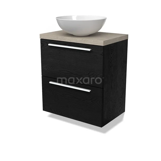 Modulo Plato Slim Badmöbel mit Aufsatzwaschbecken | 60 cm Schwarze Eiche Flach front Hellgraue Eiche blatt 2 übereinanderliegende Schubladen BMK37-02696