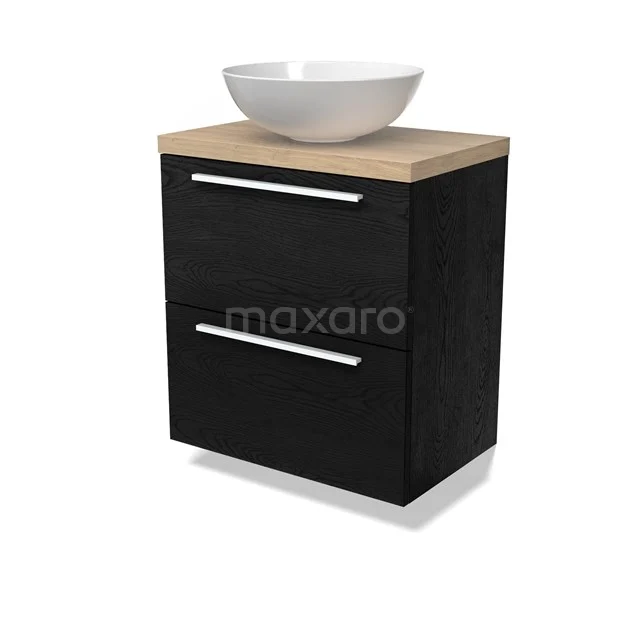 Modulo Plato Slim Badmöbel mit Aufsatzwaschbecken | 60 cm Schwarze Eiche Flach front Hellbraune Eiche blatt 2 übereinanderliegende Schubladen BMK37-02697