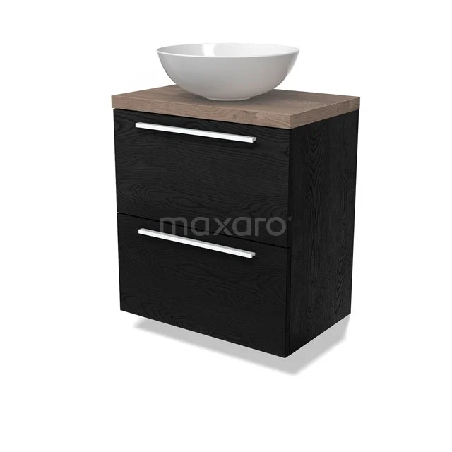 Modulo Plato Slim Vanity units for countertop basin | 60 cm Black oak Flat front Mid brown oak worktop 2 Stacked drawers BMK37-02698