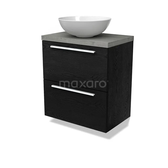 Modulo Plato Slim Badmöbel mit Aufsatzwaschbecken | 60 cm Schwarze Eiche Flach front Graue Eiche blatt 2 übereinanderliegende Schubladen BMK37-02700