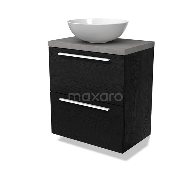 Modulo Plato Slim Badmöbel mit Aufsatzwaschbecken | 60 cm Schwarze Eiche Flach front Hellgrauer Beton blatt 2 übereinanderliegende Schubladen BMK37-02701