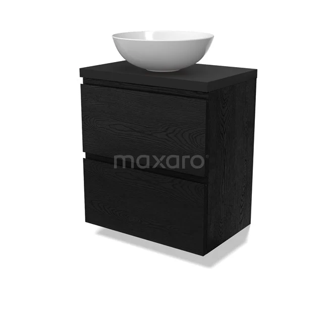 Modulo Plato Slim Vanity units for countertop basin | 60 cm Black oak Handle-less front Matte black worktop 2 Stacked drawers BMK37-02703