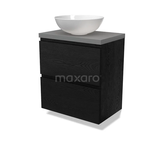 Modulo Plato Slim Badmöbel mit Aufsatzwaschbecken | 60 cm Schwarze Eiche Grifflos front Mittelgrau blatt 2 übereinanderliegende Schubladen BMK37-02704