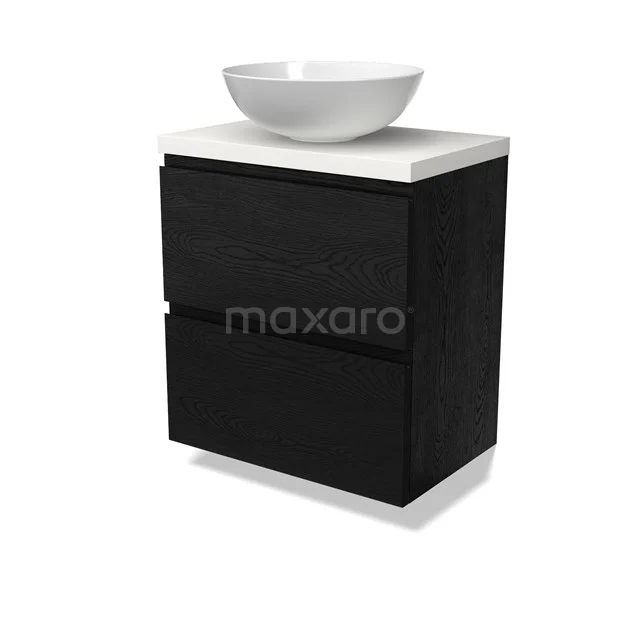 Modulo Plato Slim Badmöbel mit Aufsatzwaschbecken | 60 cm Schwarze Eiche Grifflos front Matt Weiß blatt 2 übereinanderliegende Schubladen BMK37-02706