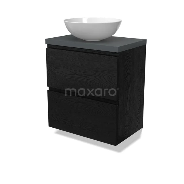 Modulo Plato Slim Badmöbel mit Aufsatzwaschbecken | 60 cm Schwarze Eiche Grifflos front Dunkelgrau blatt 2 übereinanderliegende Schubladen BMK37-02707