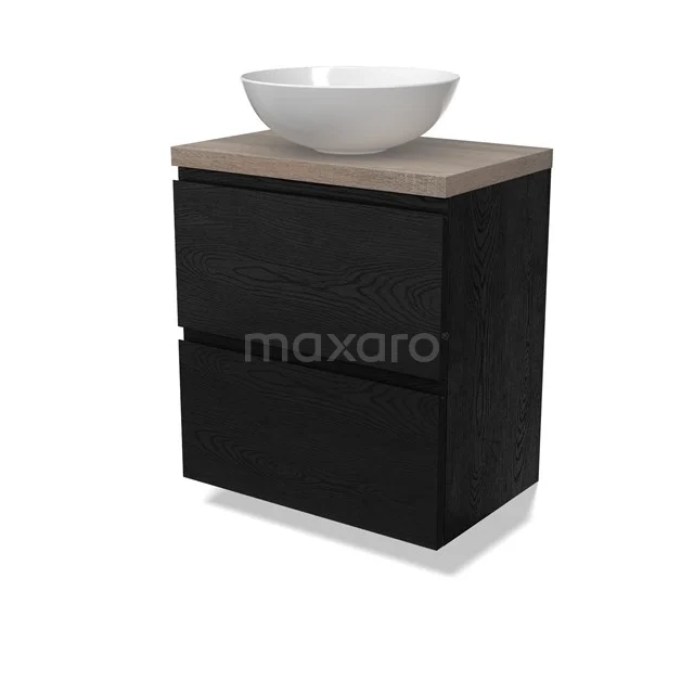 Modulo Plato Slim Badmöbel mit Aufsatzwaschbecken | 60 cm Schwarze Eiche Grifflos front Eiche blatt 2 übereinanderliegende Schubladen BMK37-02709