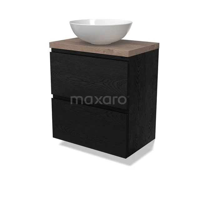 Modulo Plato Slim Badmöbel mit Aufsatzwaschbecken | 60 cm Schwarze Eiche Grifflos front Mittelbraune Eiche blatt 2 übereinanderliegende Schubladen BMK37-02712