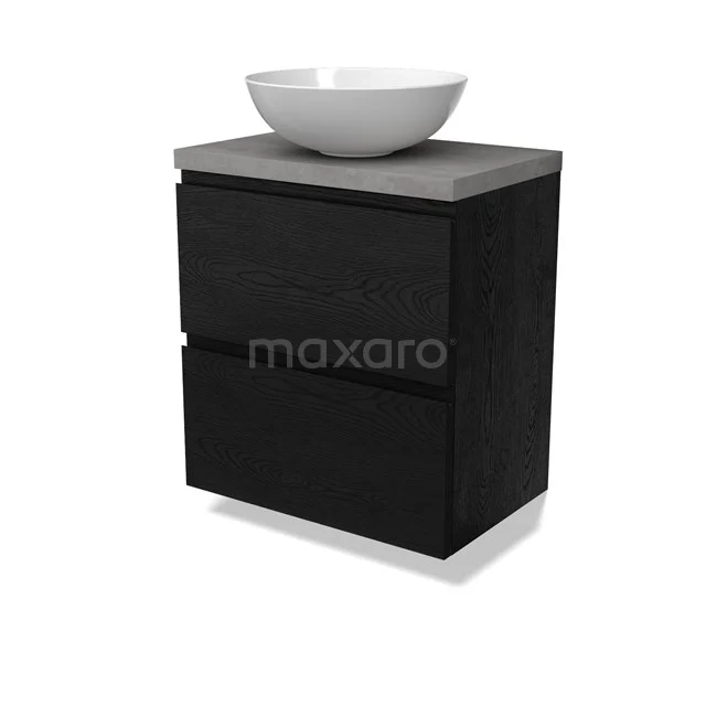 Modulo Plato Slim Vanity units for countertop basin | 60 cm Black oak Handle-less front Light grey concrete worktop 2 Stacked drawers BMK37-02715