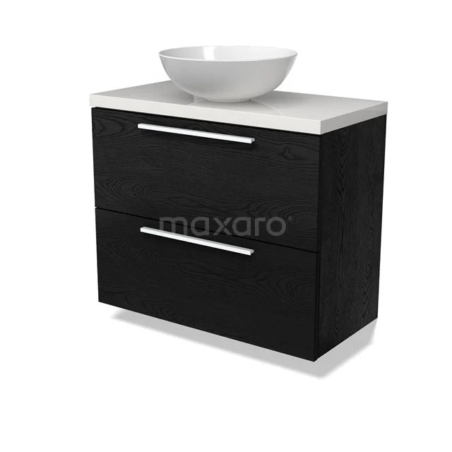 Modulo Plato Slim Badmöbel mit Aufsatzwaschbecken | 80 cm Schwarze Eiche Flach front Hochglanz Weiß blatt 2 übereinanderliegende Schubladen BMK37-02719