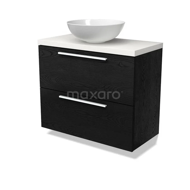 Modulo Plato Slim Badmöbel mit Aufsatzwaschbecken | 80 cm Schwarze Eiche Flach front Matt Weiß blatt 2 übereinanderliegende Schubladen BMK37-02720