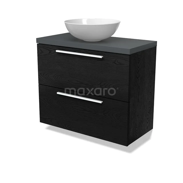 Modulo Plato Slim Badmöbel mit Aufsatzwaschbecken | 80 cm Schwarze Eiche Flach front Dunkelgrau blatt 2 übereinanderliegende Schubladen BMK37-02721