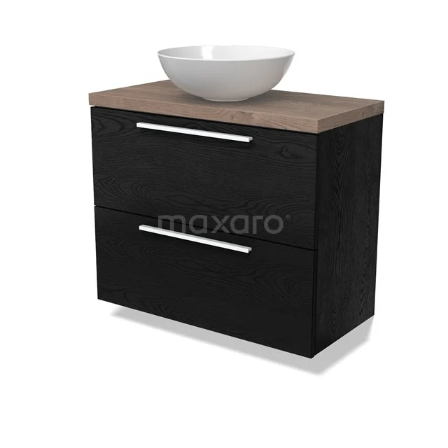 Modulo Plato Slim Vanity units for countertop basin | 80 cm Black oak Flat front Mid brown oak worktop 2 Stacked drawers BMK37-02727