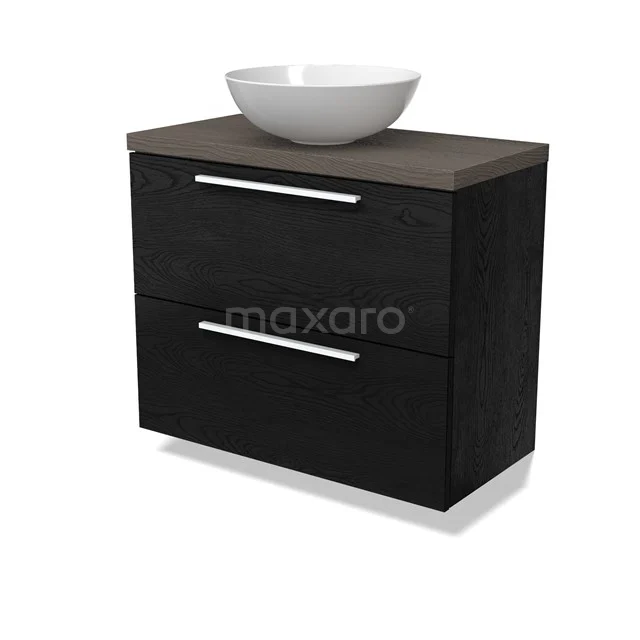 Modulo Plato Slim Badmöbel mit Aufsatzwaschbecken | 80 cm Schwarze Eiche Flach front Dunkelbraune Eiche blatt 2 übereinanderliegende Schubladen BMK37-02728