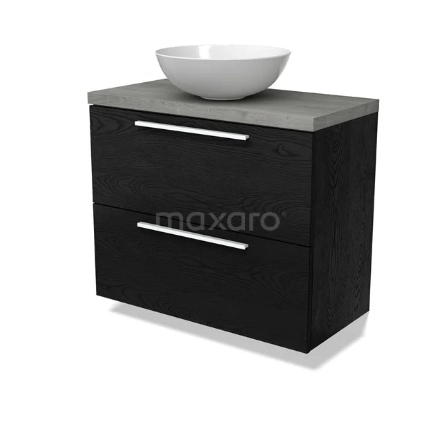 Modulo Plato Slim Badmöbel mit Aufsatzwaschbecken | 80 cm Schwarze Eiche Flach front Graue Eiche blatt 2 übereinanderliegende Schubladen BMK37-02729