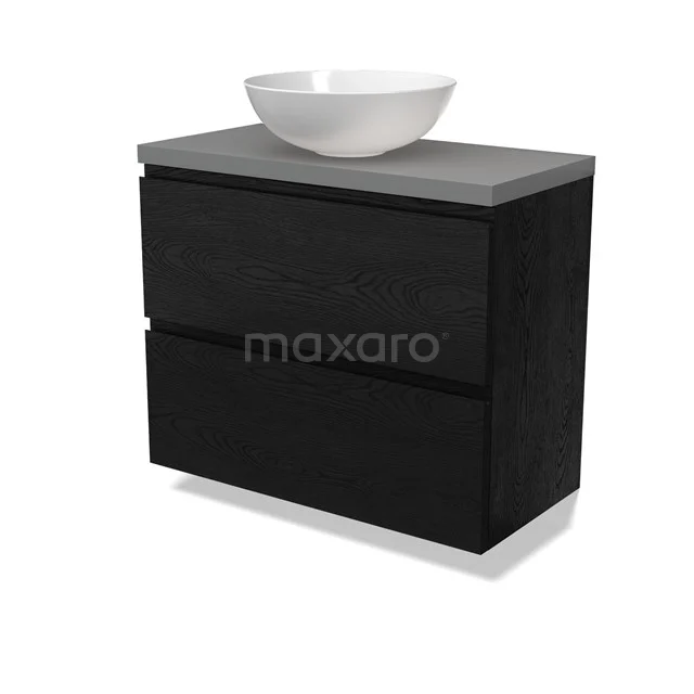 Modulo Plato Slim Badmöbel mit Aufsatzwaschbecken | 80 cm Schwarze Eiche Grifflos front Mittelgrau blatt 2 übereinanderliegende Schubladen BMK37-02733