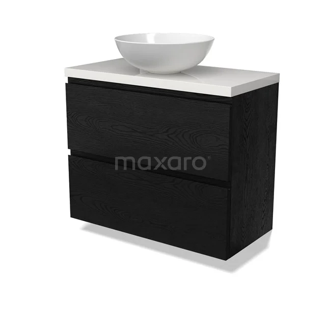 Modulo Plato Slim Vanity units for countertop basin | 80 cm Black oak Handle-less front High-gloss white worktop 2 Stacked drawers BMK37-02734