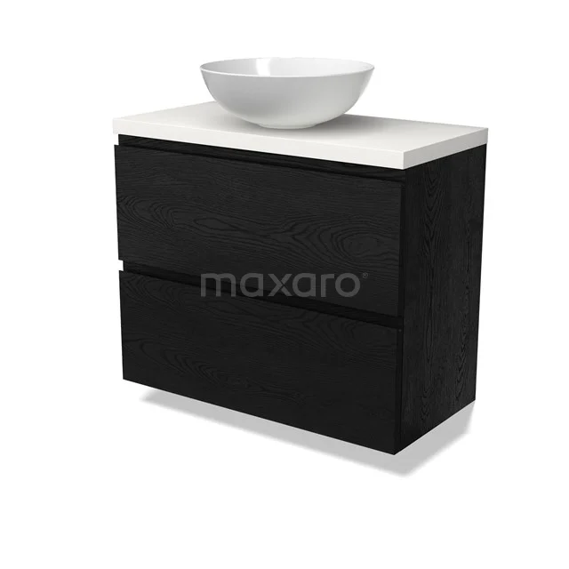 Modulo Plato Slim Badmöbel mit Aufsatzwaschbecken | 80 cm Schwarze Eiche Grifflos front Matt Weiß blatt 2 übereinanderliegende Schubladen BMK37-02735