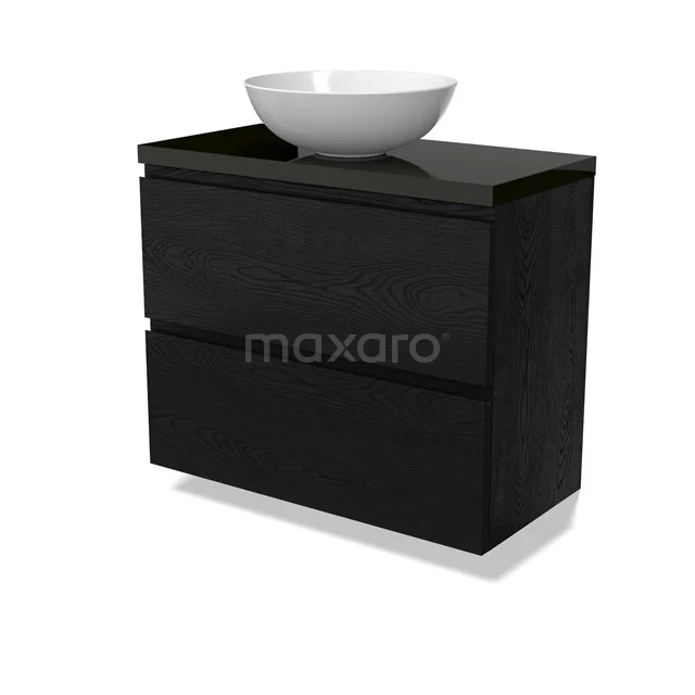 Modulo Plato Slim Vanity units for countertop basin | 80 cm Black oak Handle-less front High-gloss black worktop 2 Stacked drawers BMK37-02737