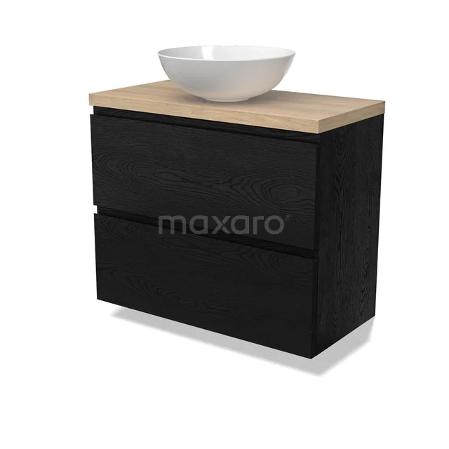 Modulo Plato Slim Badmöbel mit Aufsatzwaschbecken | 80 cm Schwarze Eiche Grifflos front Hellbraune Eiche blatt 2 übereinanderliegende Schubladen BMK37-02741