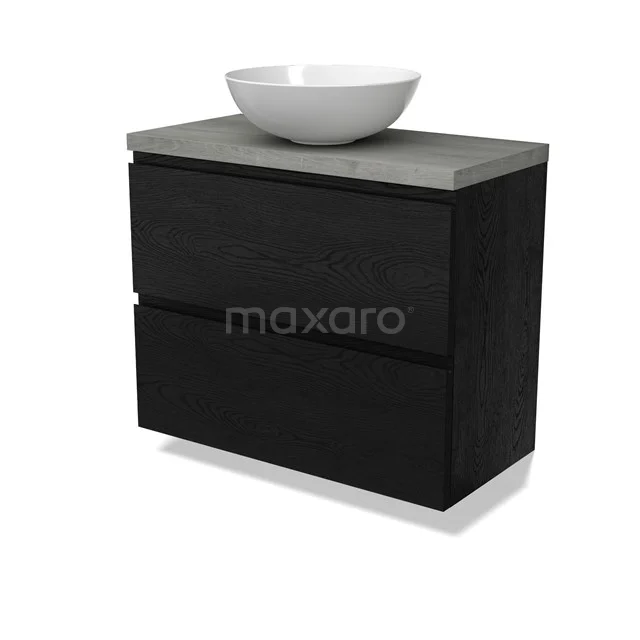 Modulo Plato Slim Vanity units for countertop basin | 80 cm Black oak Handle-less front Grey oak worktop 2 Stacked drawers BMK37-02744