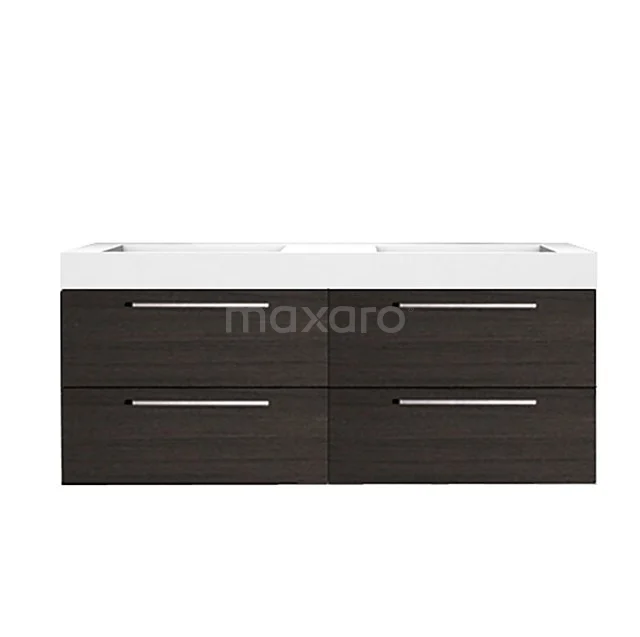 Dark brown wooden bathroom unit with white vanity units with basin, featuring four drawers and sleek metal handles.