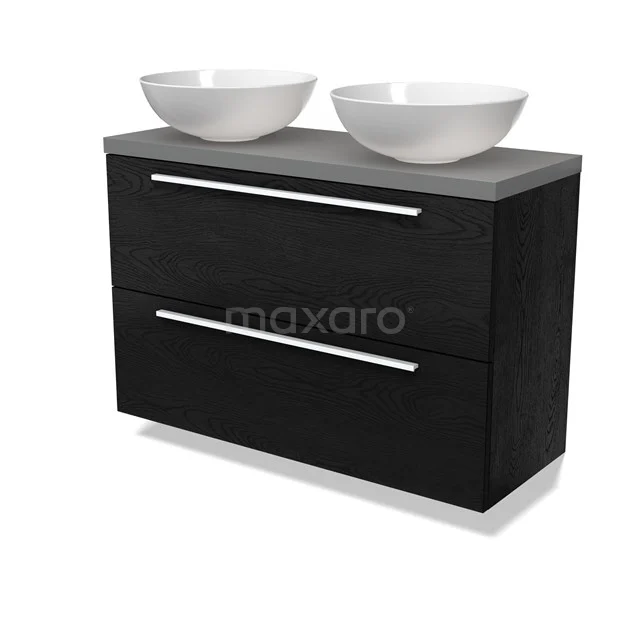 Modulo Plato Slim Badmöbel mit Aufsatzwaschbecken | 100 cm Schwarze Eiche Flach front Mittelgrau blatt 2 übereinanderliegende Schubladen BMK37-02748