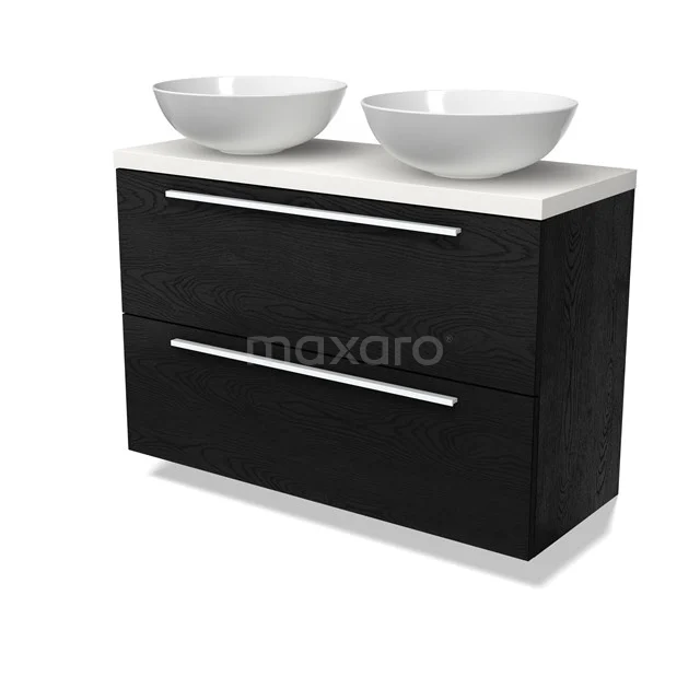 Modulo Plato Slim Badmöbel mit Aufsatzwaschbecken | 100 cm Schwarze Eiche Flach front Matt Weiß blatt 2 übereinanderliegende Schubladen BMK37-02750