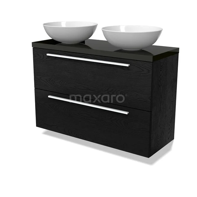 Modulo Plato Slim Badmöbel mit Aufsatzwaschbecken | 100 cm Schwarze Eiche Flach front Hochglanz Schwarz blatt 2 übereinanderliegende Schubladen BMK37-02752