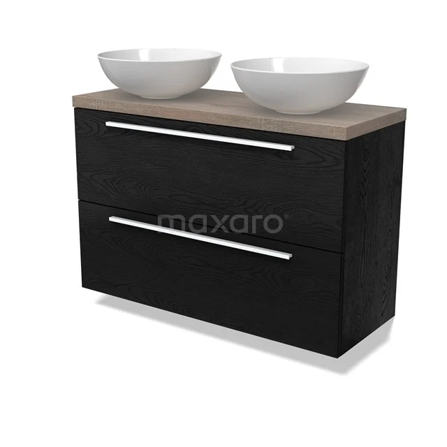 Modulo Plato Slim Badmöbel mit Aufsatzwaschbecken | 100 cm Schwarze Eiche Flach front Eiche blatt 2 übereinanderliegende Schubladen BMK37-02754