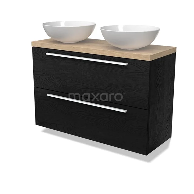 Modulo Plato Slim Badmöbel mit Aufsatzwaschbecken | 100 cm Schwarze Eiche Flach front Hellbraune Eiche blatt 2 übereinanderliegende Schubladen BMK37-02756