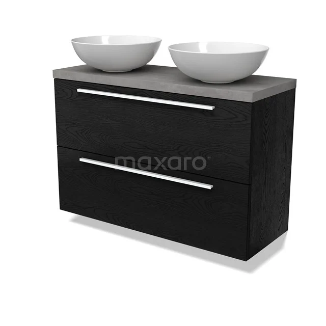 Modulo Plato Slim Badmöbel mit Aufsatzwaschbecken | 100 cm Schwarze Eiche Flach front Hellgrauer Beton blatt 2 übereinanderliegende Schubladen BMK37-02760