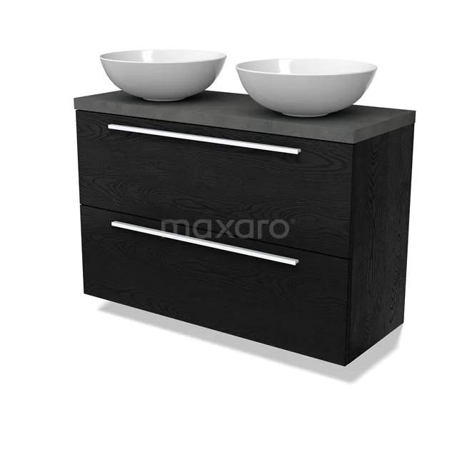 Modulo Plato Slim Badmöbel mit Aufsatzwaschbecken | 100 cm Schwarze Eiche Flach front Dunkelgrauer Beton blatt 2 übereinanderliegende Schubladen BMK37-02761