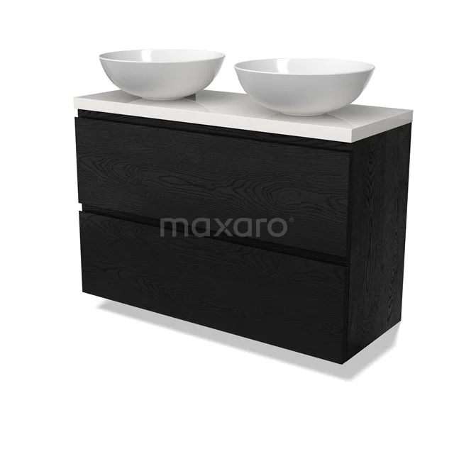 Modulo Plato Slim Badmöbel mit Aufsatzwaschbecken | 100 cm Schwarze Eiche Grifflos front Hochglanz Weiß blatt 2 übereinanderliegende Schubladen BMK37-02764