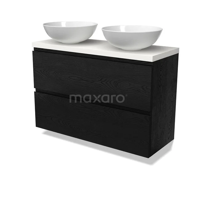 Modulo Plato Slim Badmöbel mit Aufsatzwaschbecken | 100 cm Schwarze Eiche Grifflos front Matt Weiß blatt 2 übereinanderliegende Schubladen BMK37-02765