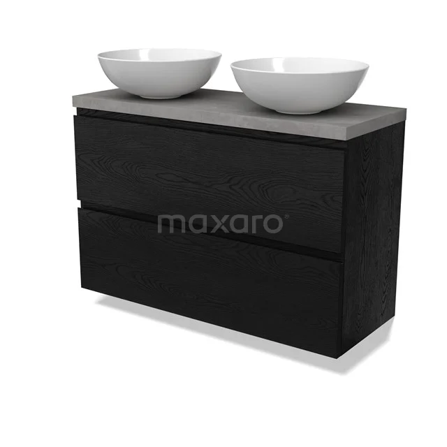 Modulo Plato Slim Badmöbel mit Aufsatzwaschbecken | 100 cm Schwarze Eiche Grifflos front Hellgrauer Beton blatt 2 übereinanderliegende Schubladen BMK37-02775