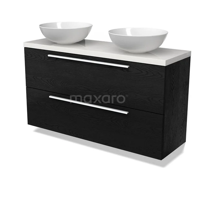 Modulo Plato Slim Badmöbel mit Aufsatzwaschbecken | 120 cm Schwarze Eiche Flach front Hochglanz Weiß blatt 2 übereinanderliegende Schubladen BMK37-02779