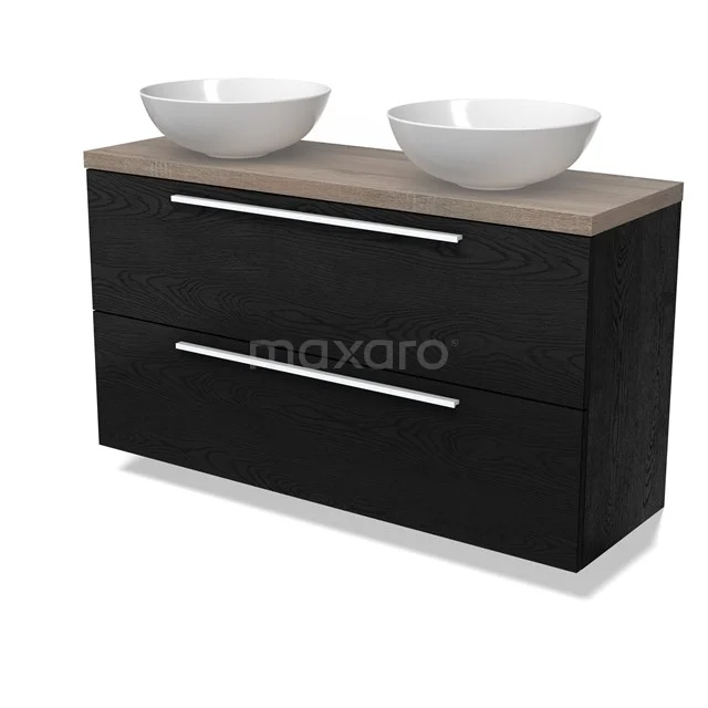 Modulo Plato Slim Badmöbel mit Aufsatzwaschbecken | 120 cm Schwarze Eiche Flach front Eiche blatt 2 übereinanderliegende Schubladen BMK37-02783