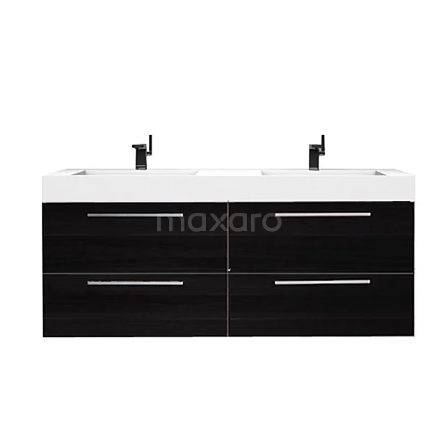 Canto Bathroom furniture with sink | 138 cm Matte black front Mineral marble 4 drawers F02-138022104 Black double vanity unit with clean lines, chrome handles and white ceramic, perfect for modern bathrooms.