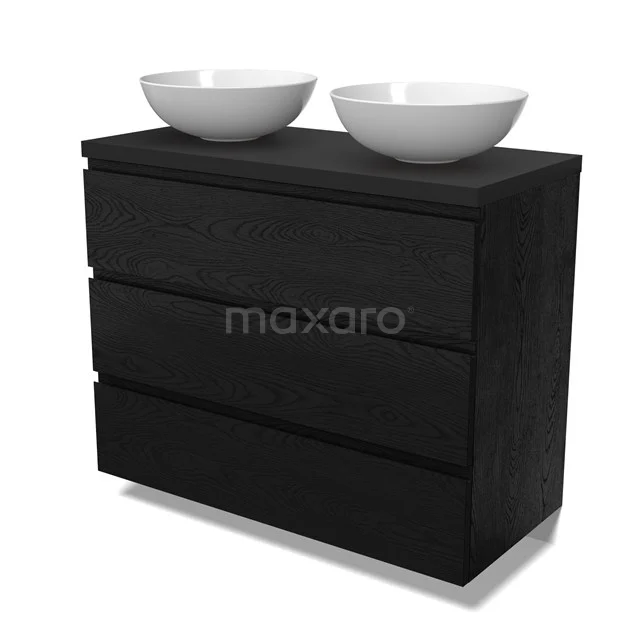 Modulo Plato Vanity units for countertop basin | 100 cm Black oak Handle-less front Matte black worktop 3 drawers BMK19-01675