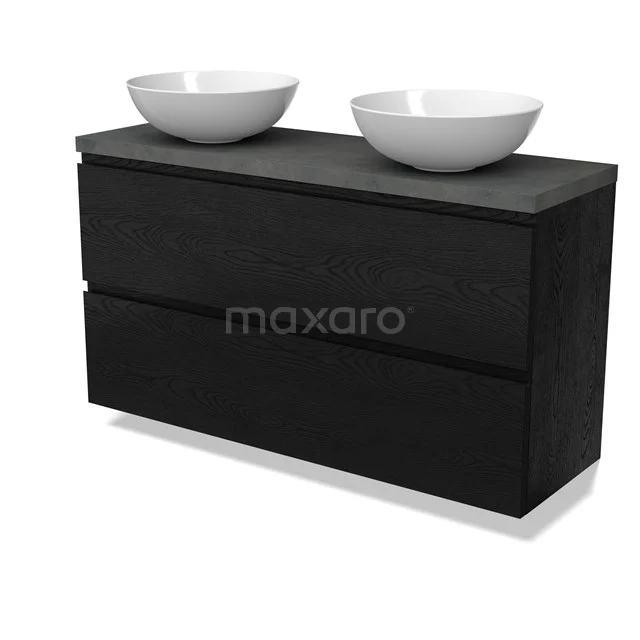 Modulo Plato Slim Badmöbel mit Aufsatzwaschbecken | 120 cm Schwarze Eiche Grifflos front Dunkelgrauer Beton blatt 2 übereinanderliegende Schubladen BMK37-02804