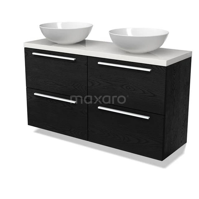 Modulo Plato Slim Badmöbel mit Aufsatzwaschbecken | 120 cm Schwarze Eiche Flach front Hochglanz Weiß blatt 4 Schubladen BMK38-00535