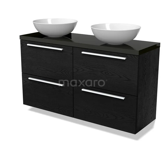 Modulo Plato Slim Badmöbel mit Aufsatzwaschbecken | 120 cm Schwarze Eiche Flach front Hochglanz Schwarz blatt 4 Schubladen BMK38-00537