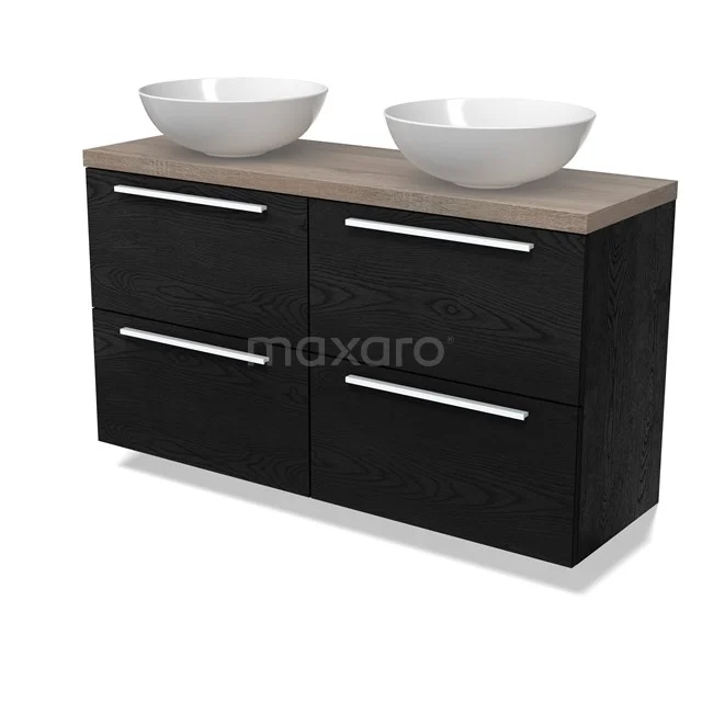 Modulo Plato Slim Badmöbel mit Aufsatzwaschbecken | 120 cm Schwarze Eiche Flach front Eiche blatt 4 Schubladen BMK38-00539