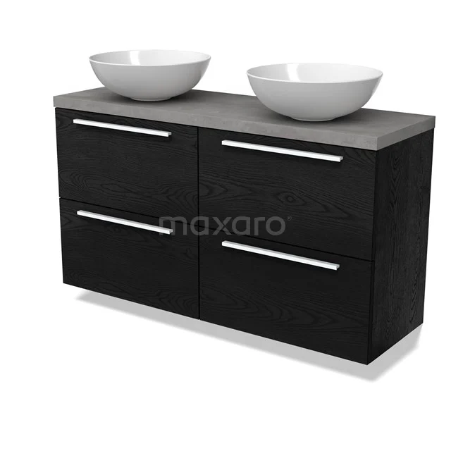 Modulo Plato Slim Badmöbel mit Aufsatzwaschbecken | 120 cm Schwarze Eiche Flach front Hellgrauer Beton blatt 4 Schubladen BMK38-00545