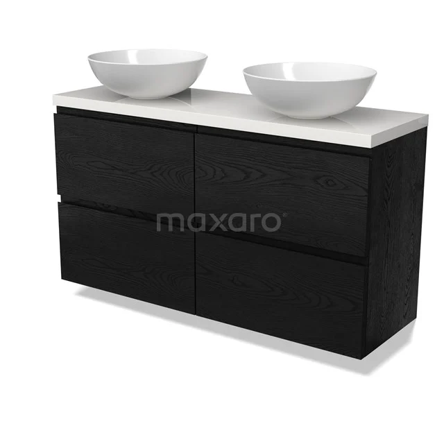 Modulo Plato Slim Badmöbel mit Aufsatzwaschbecken | 120 cm Schwarze Eiche Grifflos front Hochglanz Weiß blatt 4 Schubladen BMK38-00549