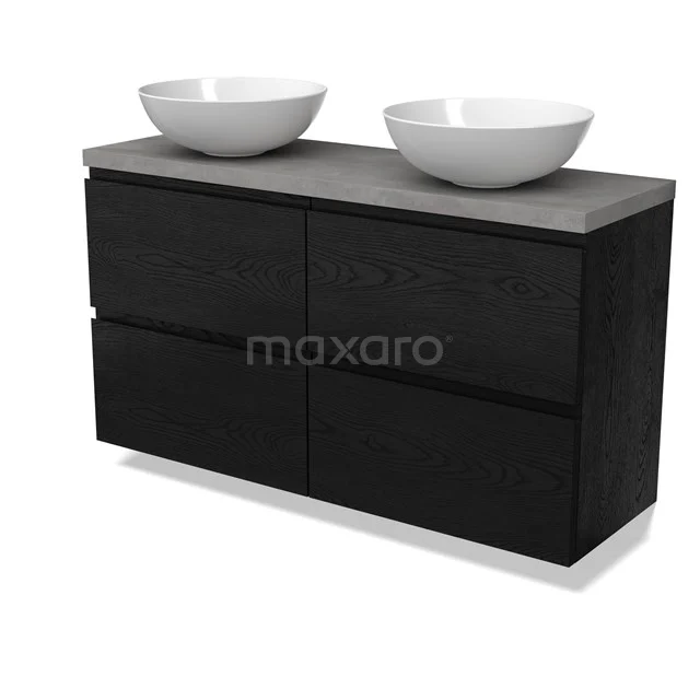 Modulo Plato Slim Badmöbel mit Aufsatzwaschbecken | 120 cm Schwarze Eiche Grifflos front Hellgrauer Beton blatt 4 Schubladen BMK38-00559